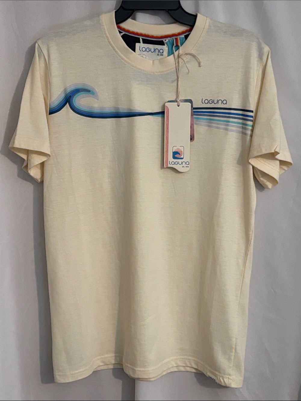 Men’s Laguna Cream Color Short-Sleeve Shirt with Blue Wave Graphic Size Medium